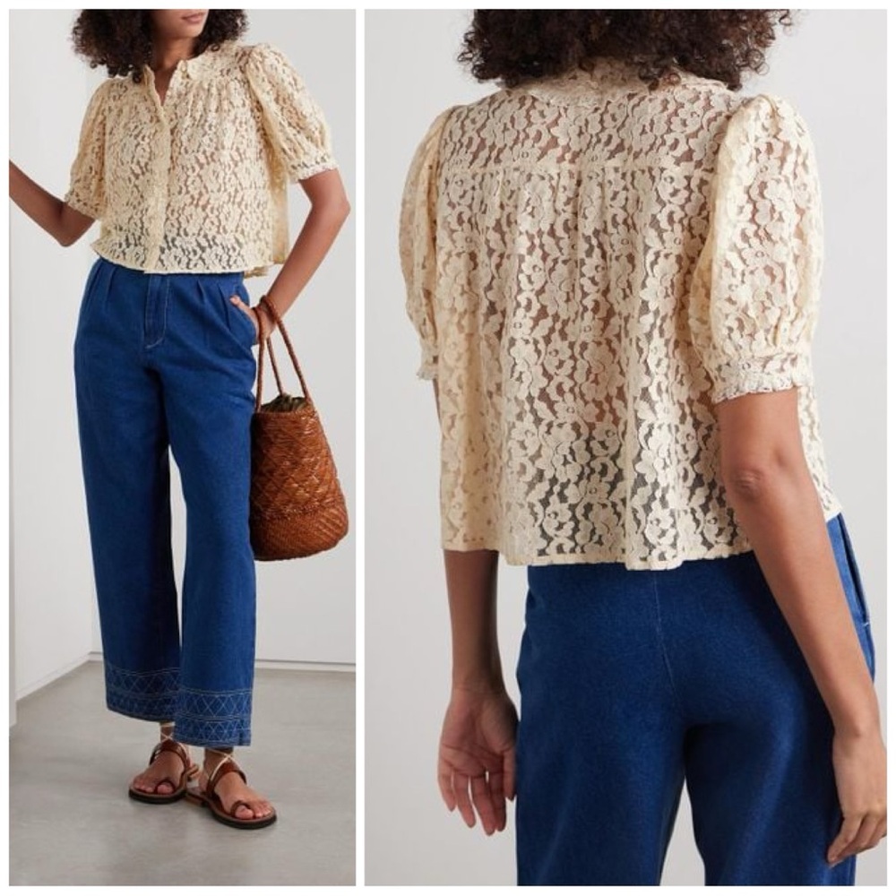 Doen Cream Lace Puff-Sleeve Cropped Blouse